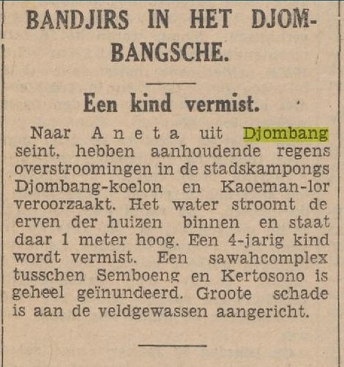 berita di harian de Indische Courant yang menjelaskan adanya anak yang hanyut pada banjir di tahun 1940