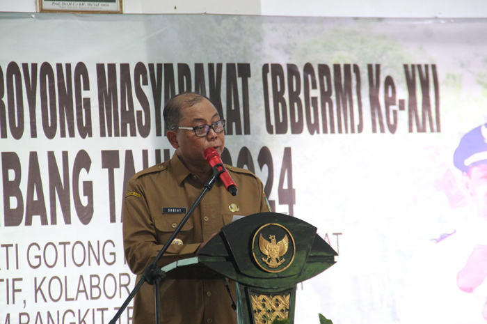Pj Bupati Jombang memberikan sambutan dalam kegiatan BBGRM 2024 di Kecamatan Gudo