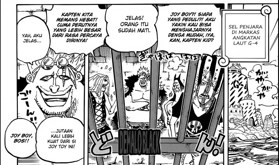 potongan gambar spoiler One Piece Chapter 1115 yang menunjukkan kemunculan kelompok bajal laut Demaro Black meniru Captain Kidd