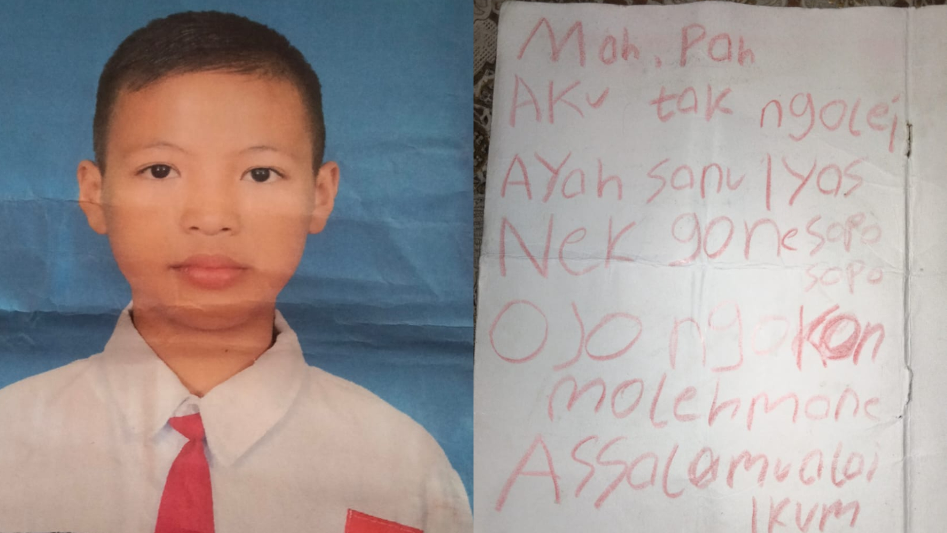 Foto siswa SD yang minggat dari rumah serta surat yang ia tinggalkan untuk orang tuanya