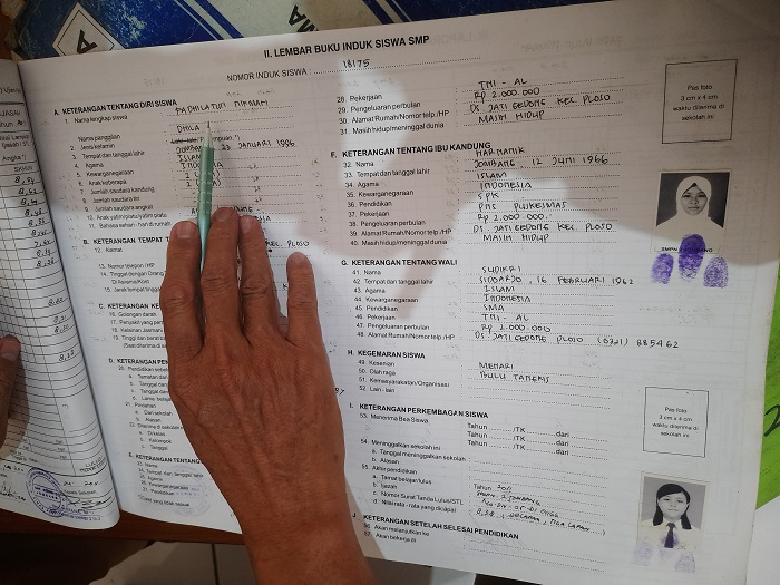 TERTULIS: Data Fadhilatul Nikmah saat duduk di bangku SMPN 2 Jombang.