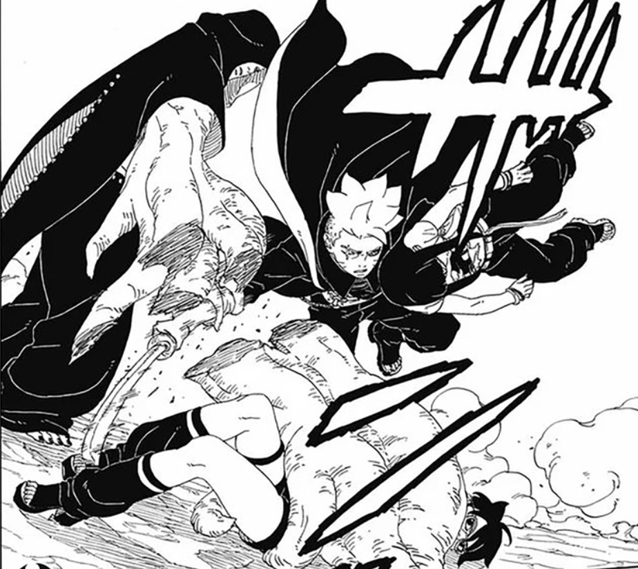 Boruto datang dan menyelamatkan Himawari dan Sarada