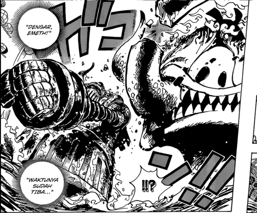 Spoiler Manga One Piece 1119 yang menunjukkan adegan robot kuno meninju salah satu gorosei dan mematahkan taringnya