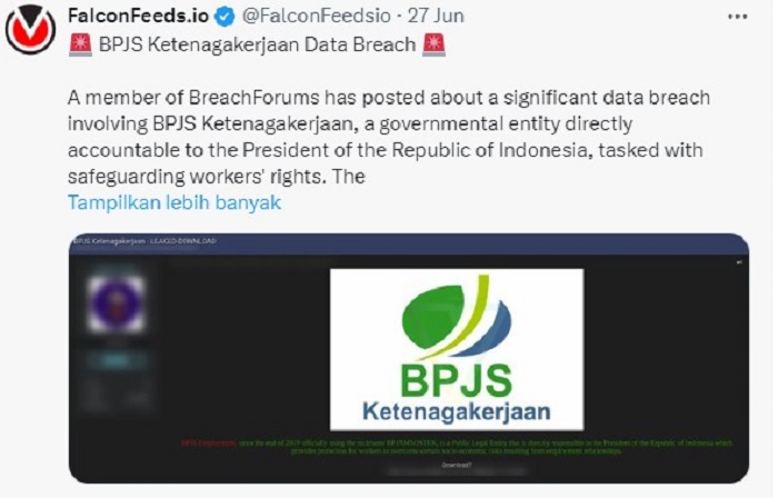 Tangkapan layar akun X membagikan informasi jika data BPJS ikut terbobol dan diperjualbelikan di Dark Web