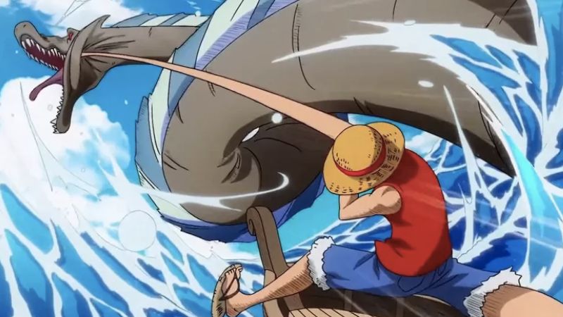 Luffy menggunakan gear 1 alias menusia normal dengan kekuatan karetnya mengalahkan monster laut