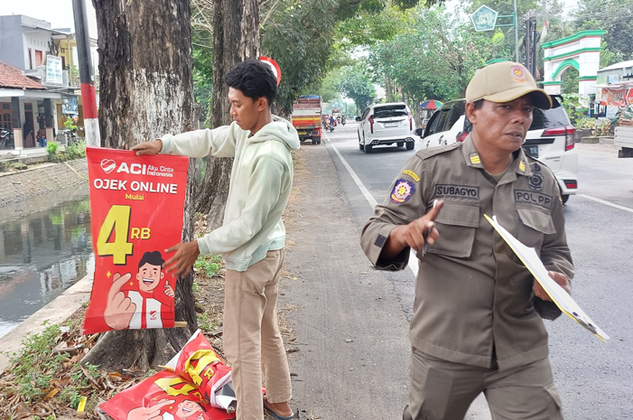 Petugas Satpol PP Jombang melepas sejumlah poster liar yang dipaku di Pohon