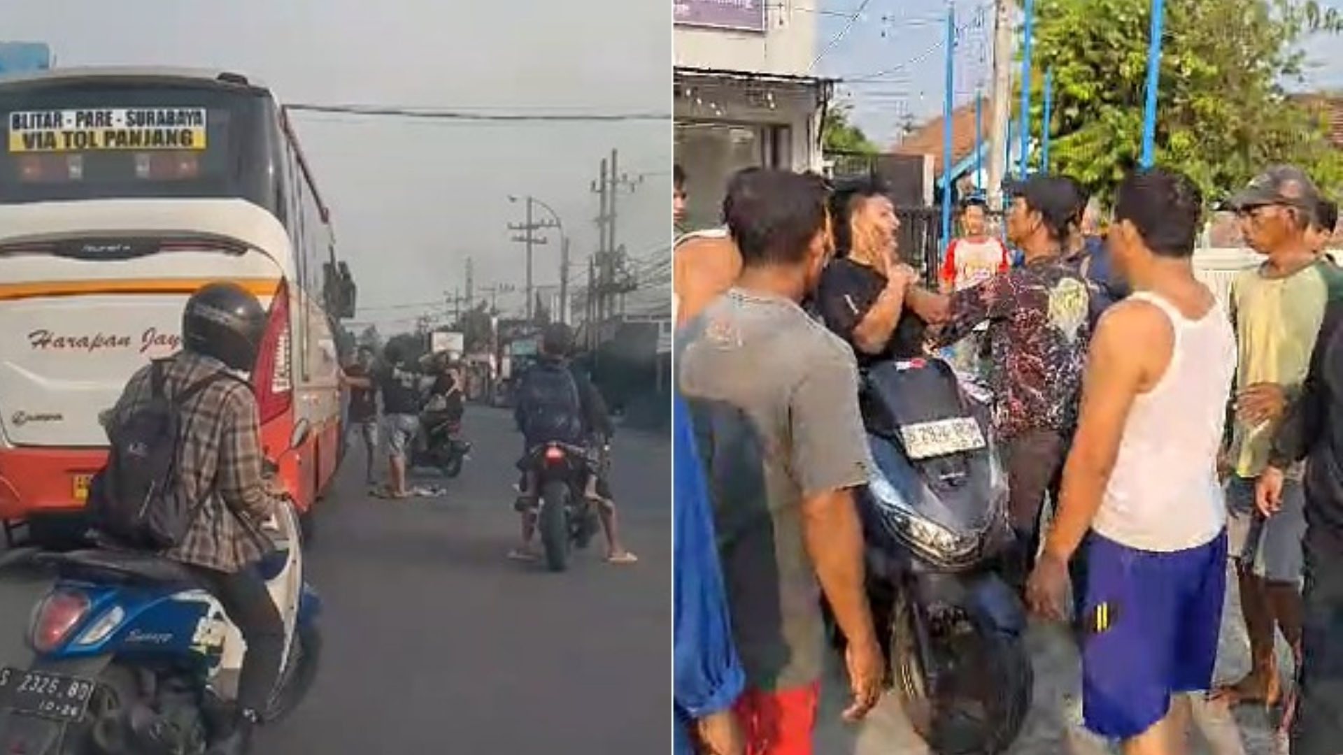 Potongan video viral dua pemuda hadang bus dan dimassa warga di Jombang