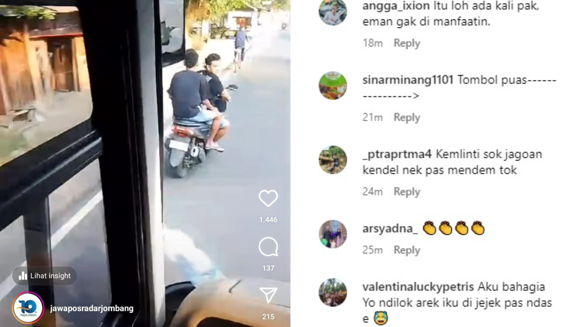 Potongan postingan vdeo viral dua pemuda mabuk hadang Bus Harapan Jaya dan komentar netizen