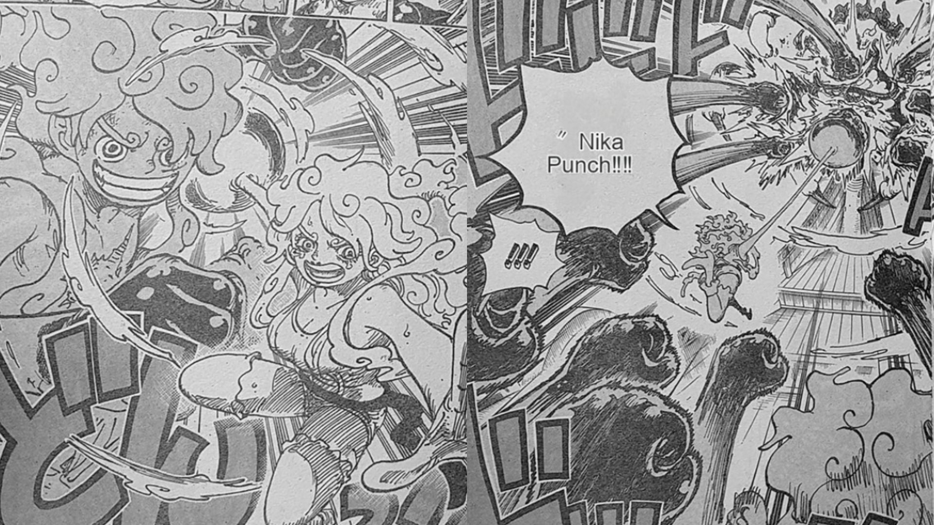 Potongan Spoiler Manga One Piece 1121 yang menampilkan aksi dua God Nika melakukan pukulan beruntun ke tubuh Gorosei Saturn