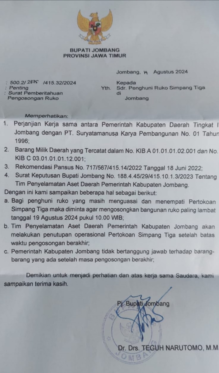 Surat perintah pengosongan Ruko Simpang Tiga yang diterbitkan Pemkab Jombang untuk seluruh penghuni ruko