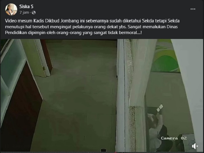Potongan gambar unggahan akun Siska S yang mengunggah video mesum pejabat Dinas P dan K Jombang