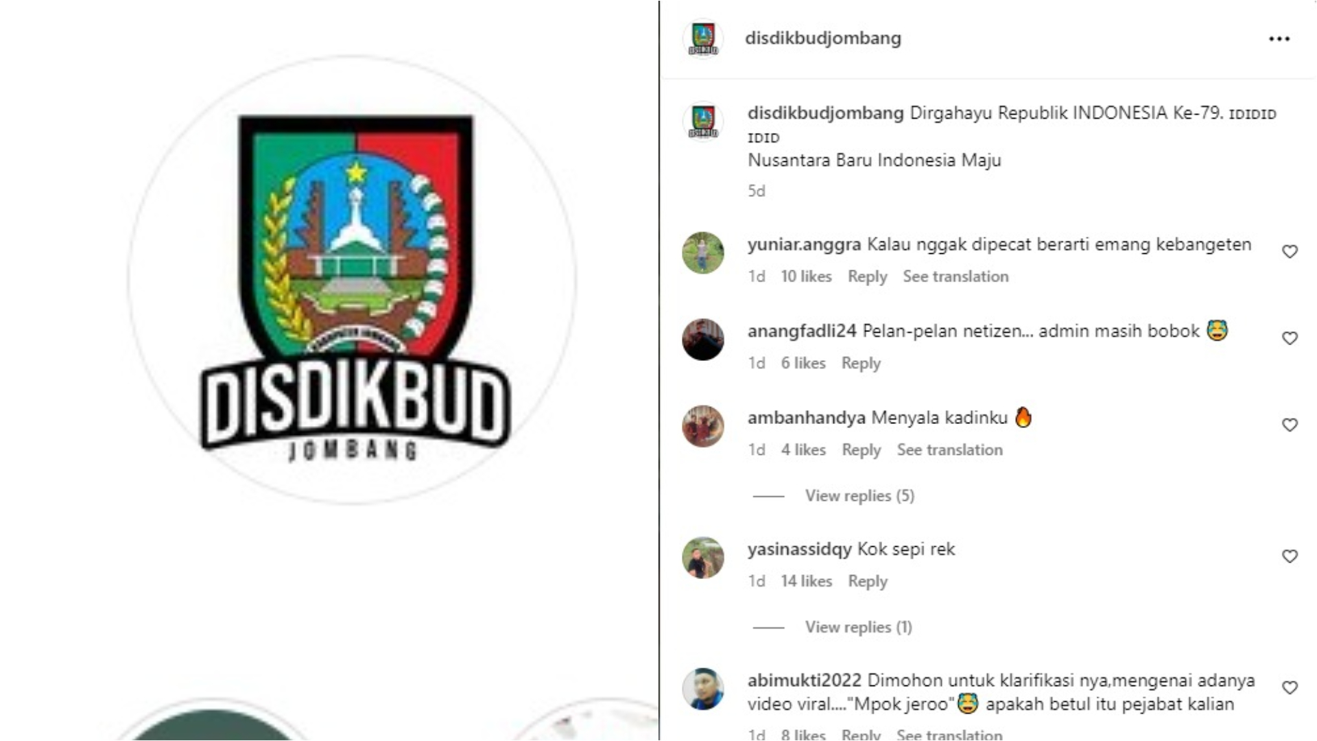 Komentar sejumlah warganet di akun Instagram resmi milik Dinas P dan K Jombang