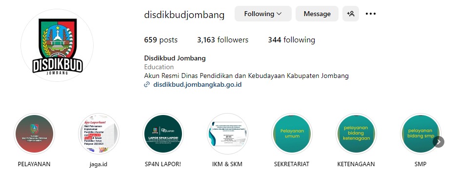 tangkapan layar bio akun resmi milik Dinas P dan K Jombang sebelum kini menghilang
