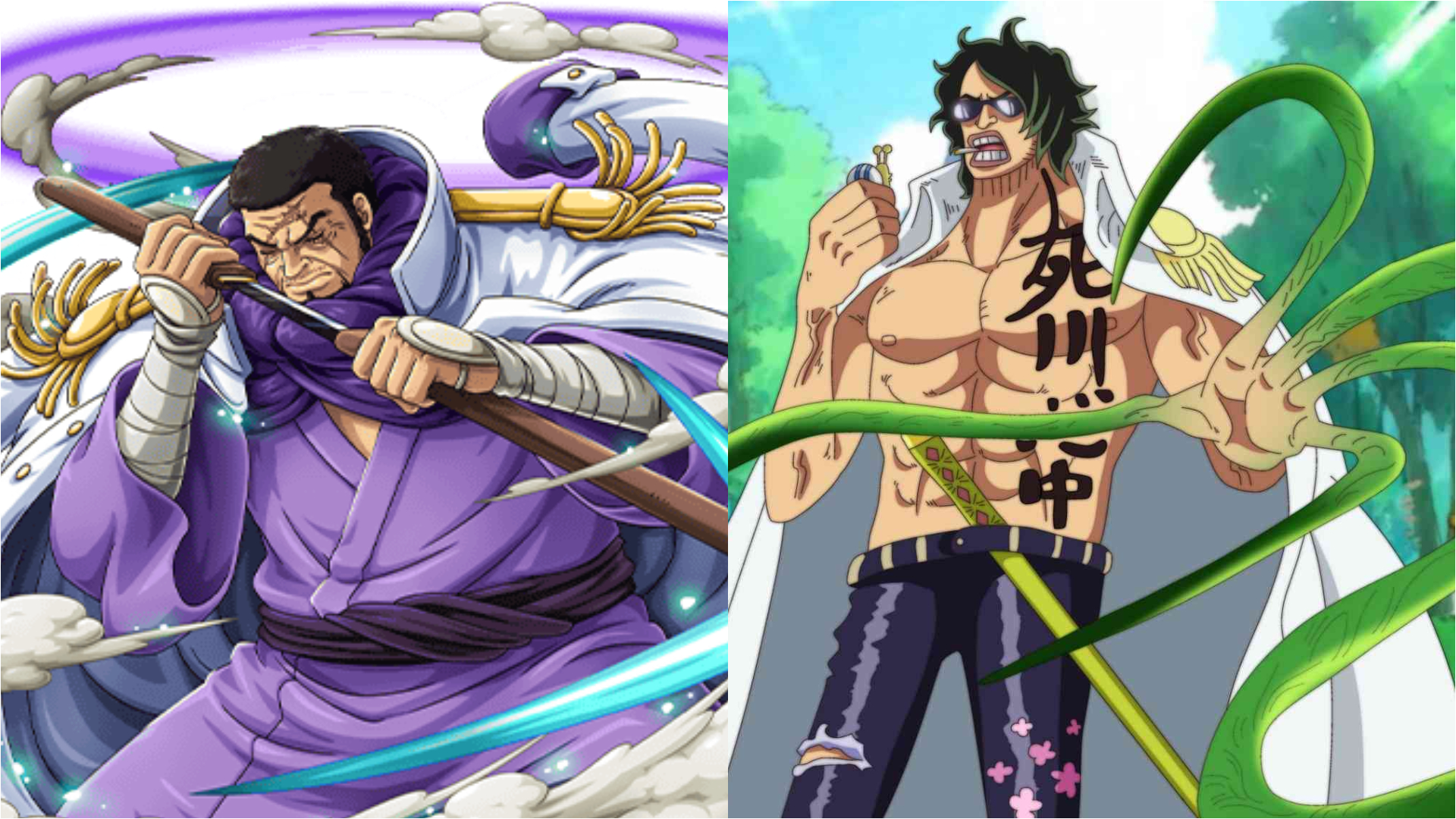 Admiral Fujitora dan Admiral Ryokugyu dalam serial One Piece