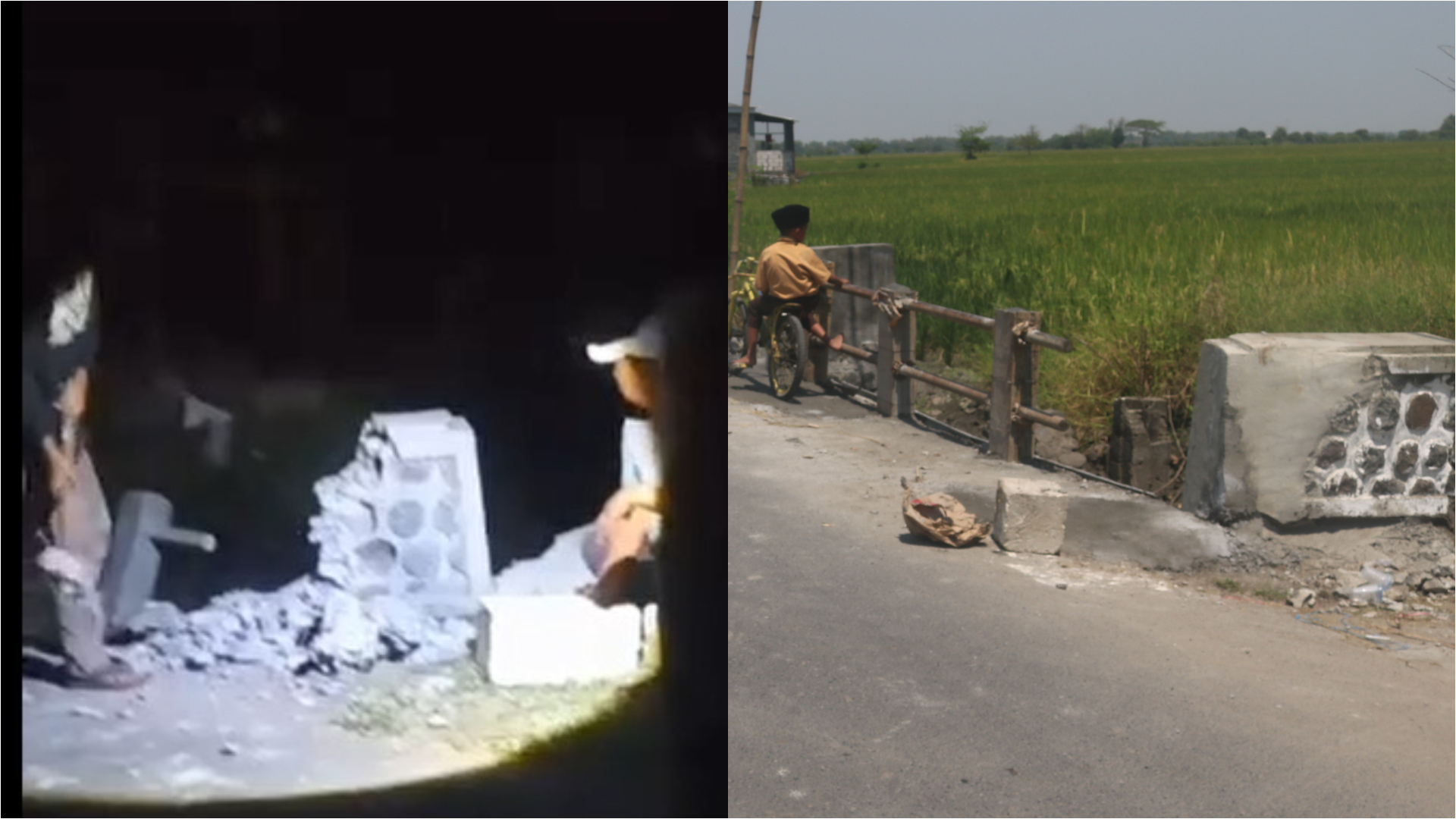 Potongan gambar jembatan yang dibongkar warga di Jombang demi karnaval sound horeg  (kanan) dan kondisi terkininya (kiri)