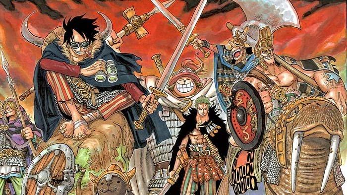 Ilustrasi Spoiler Manga One Piece 1126 yang mulai masuk ke petualangan di pulau elbaf