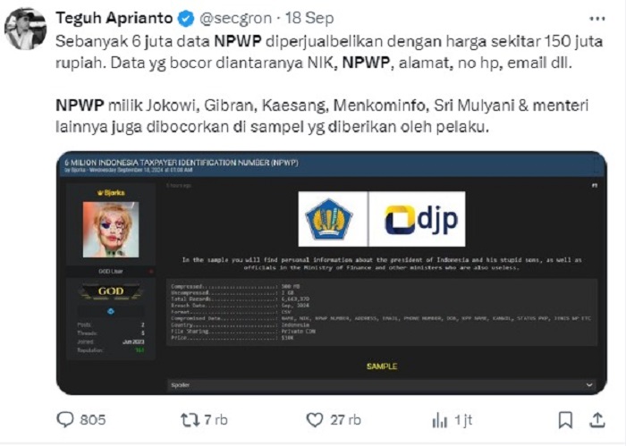 Potongan gambar postingan kebocoran data NPWP 6 juta penduduk Indonesia dan dijual ke forum di internet