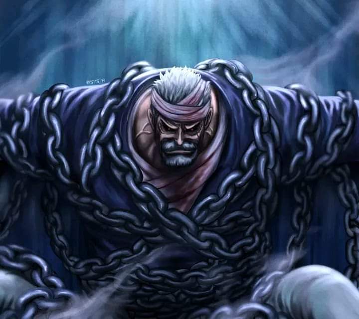 Potongan gambar Garp yang tengah ditahan dengan kondisi dirantai sekujur badannya di Manga One Piece terbaru
