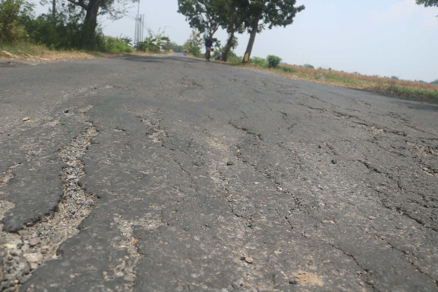 Kondisi jalan kabupaten di Desa Watudakon, Kesamben, Jombang yang bergelombang dan rusak