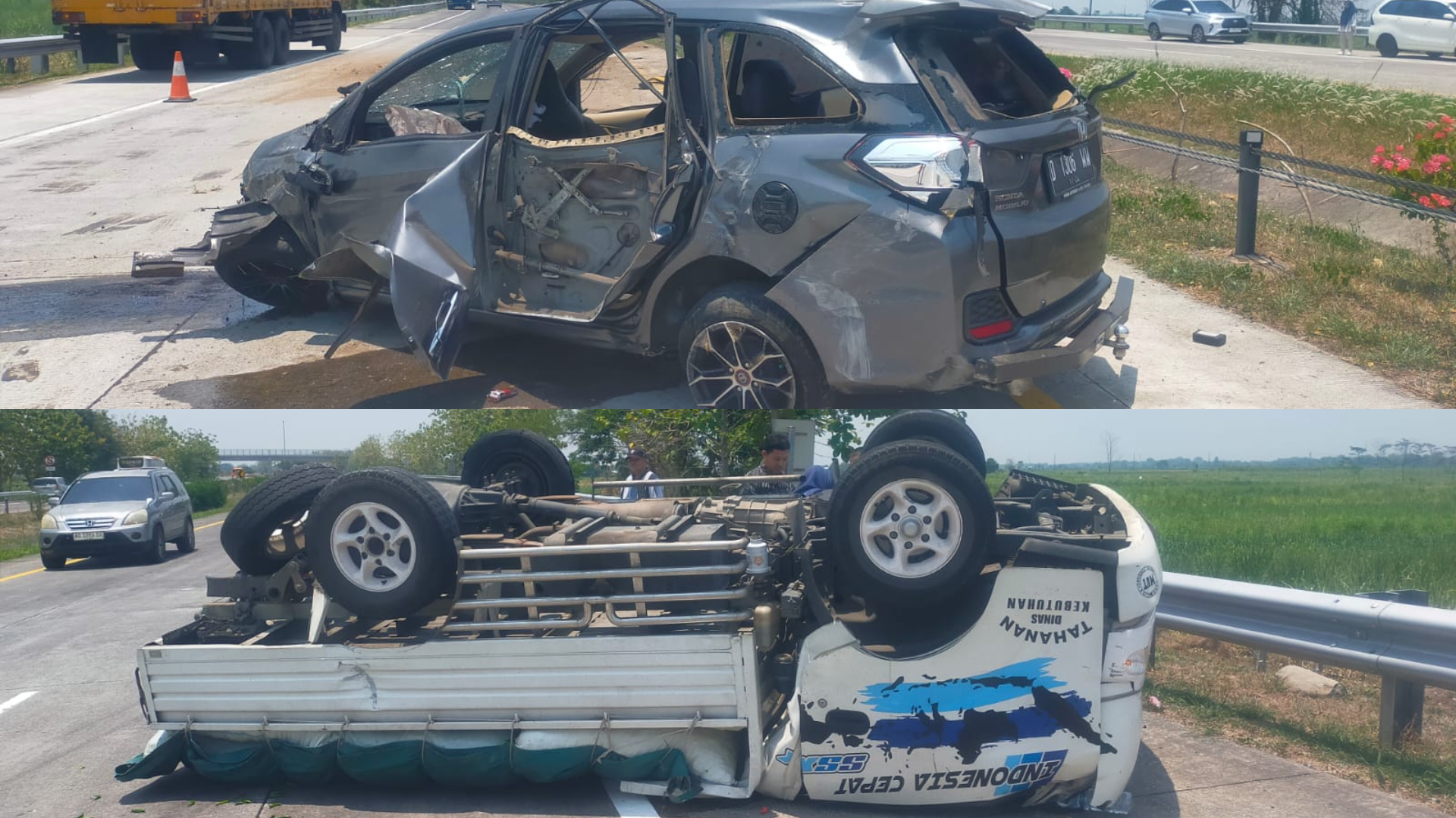 Kondisi kedua kendaraan yang mengalami kecelakaan di Tol Jombang mojokerto atau Jomo siang ini