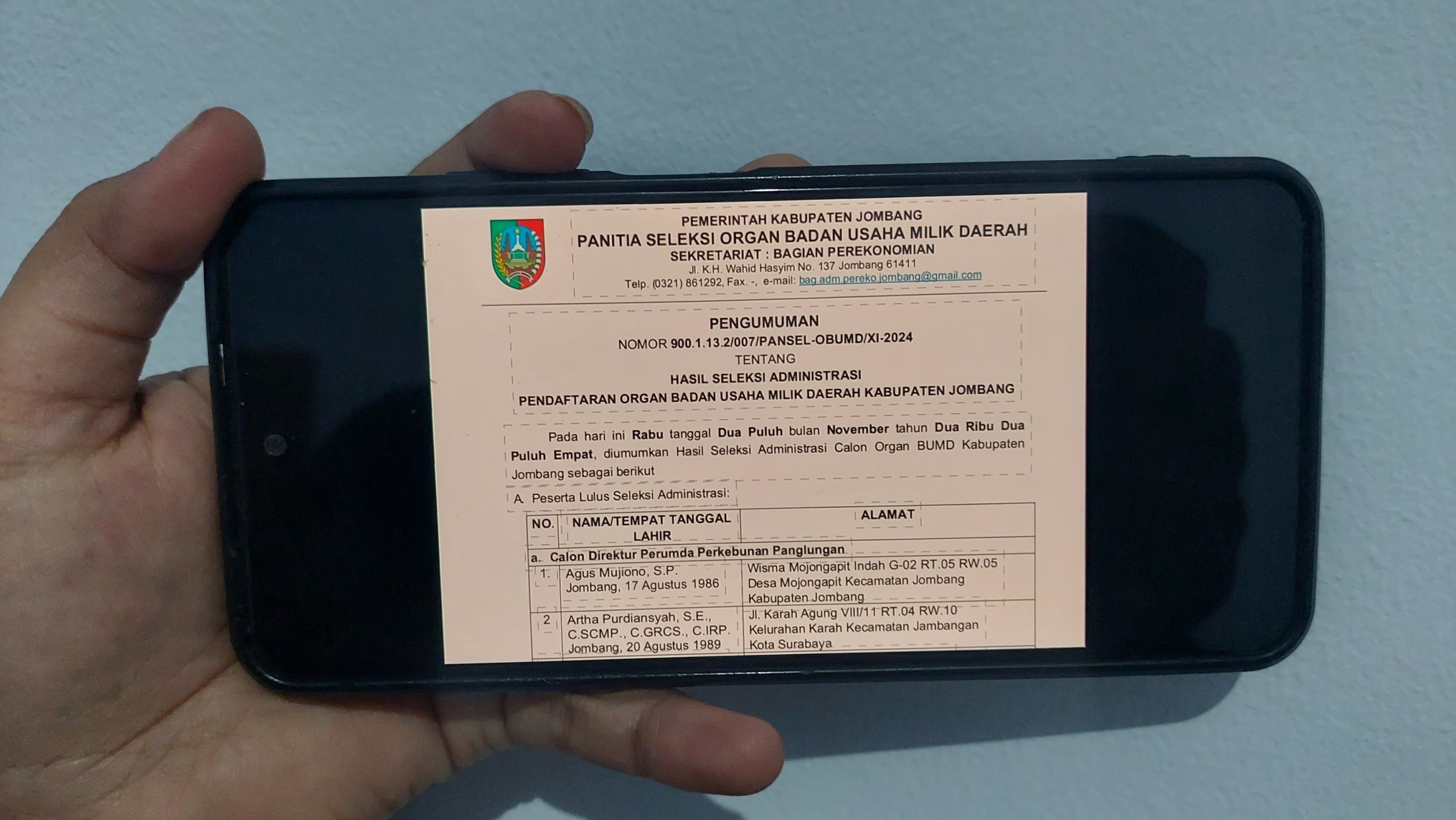 Surat resmi proses seleksi administrasi penggantian Direktur Perumda Panglungan Jombang