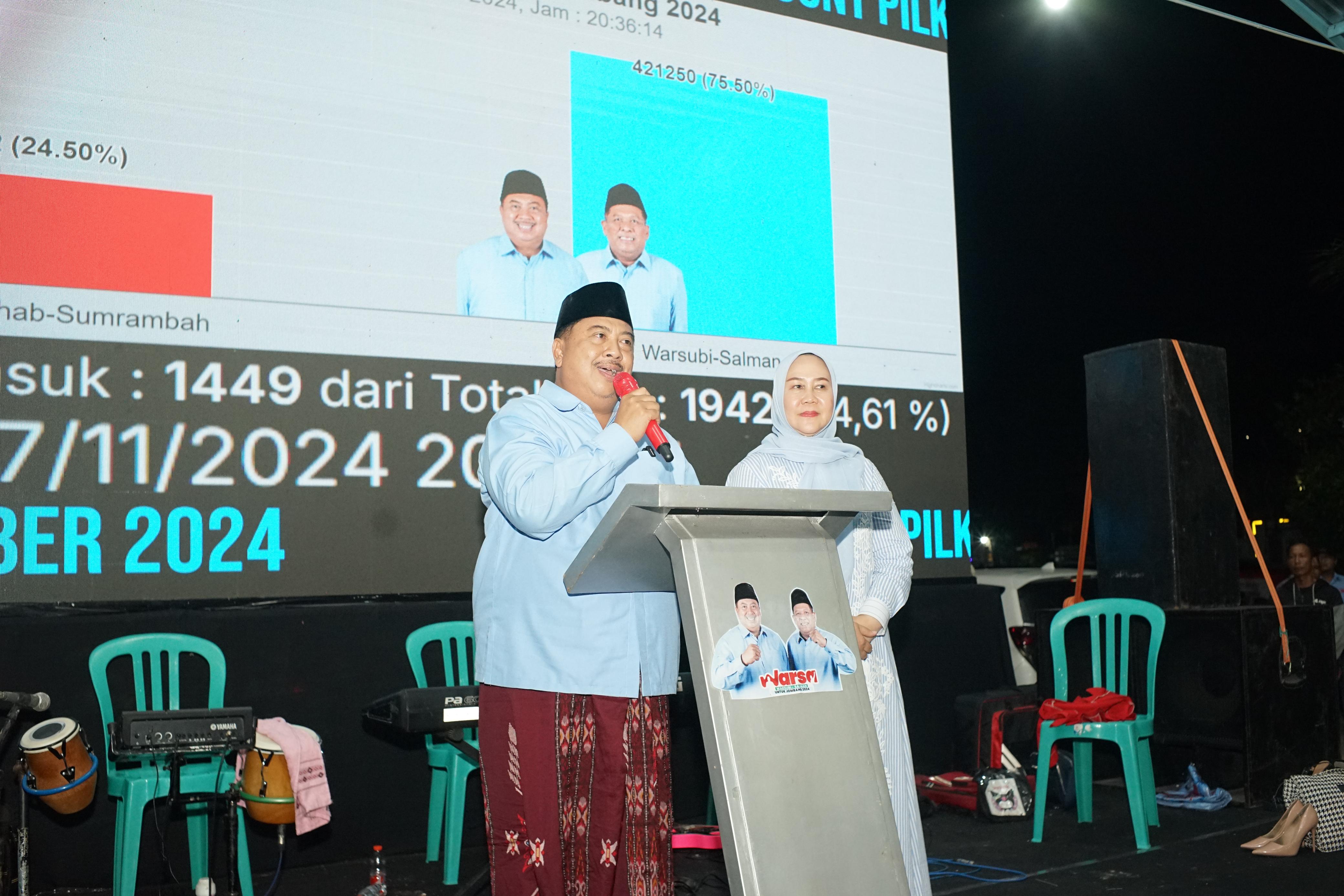 Warsubi bersama istri membacakan pidato kemenangan usai dinytakan unggul dalam real count dan quick count