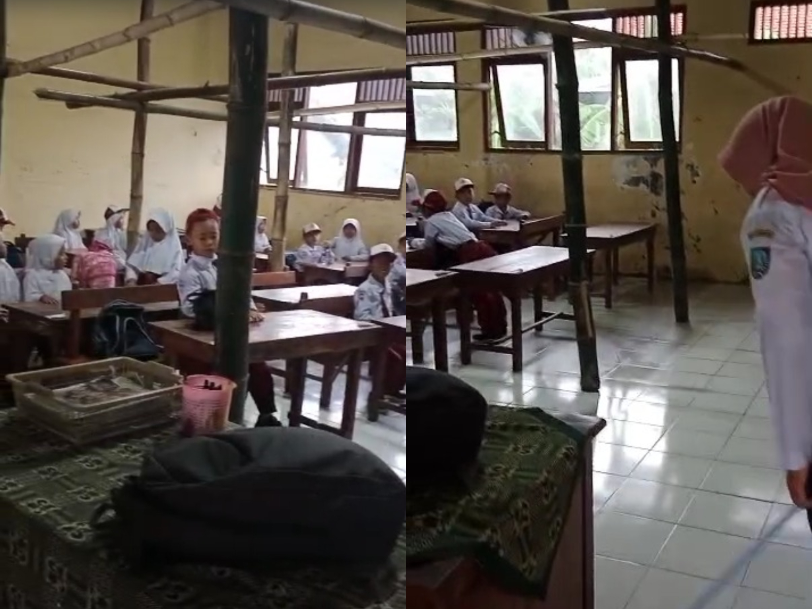 Video viral yang menunjukkan ruang kelas SDN Karangpakis 2 Kabuh Jombang kondisinya rusak dan disangga bambu