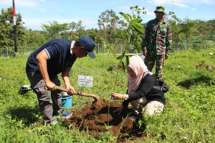 : Kepala Bidang Konservasi Lingkungan, Lilik Purwati ST MM, bersama Sekretaris DLH Jombang, Abdul Wahab, saat menanam pohon,  (11/12)