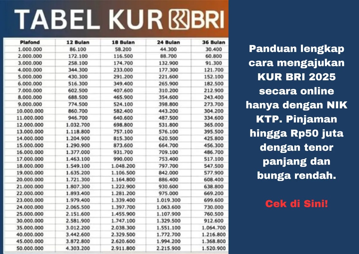 Daftar Tabel KUR BRI 2025 dan cara pengajuannya