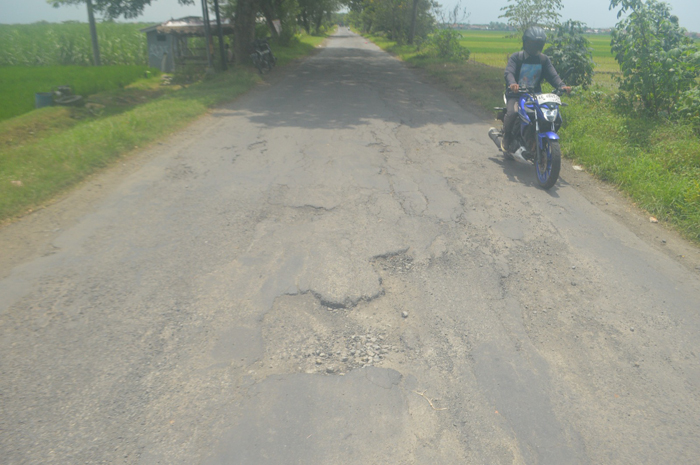 Kondisi jalur poros Kecamatan Sumobito dan Kesamben Jombang yang rusak parah