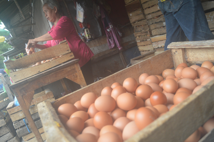 Pedagang di Pasar Legi, Jombang memilah telur yang siap untuk dijual.