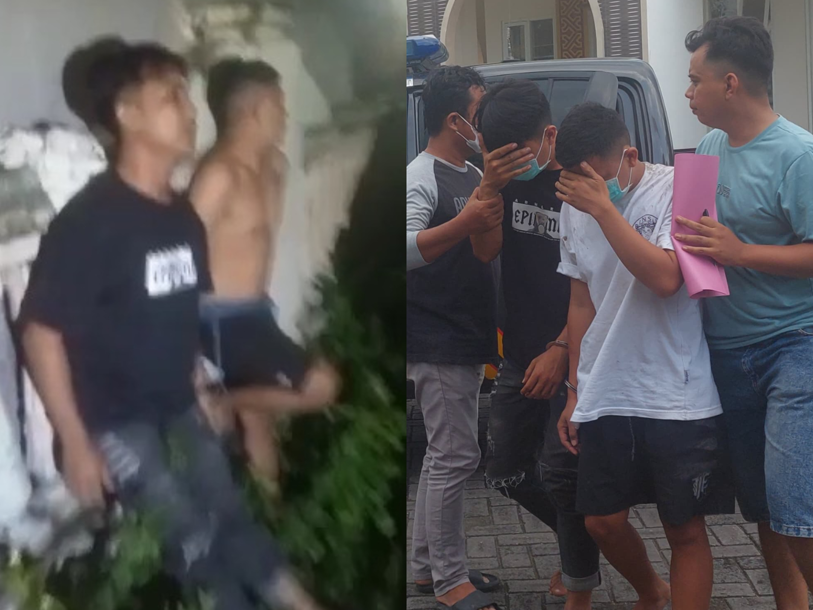 Dua pemuda Kesamben saat dimassa (kiri) dan saat mereka diamankan ke Kantor Polisi (kanan)