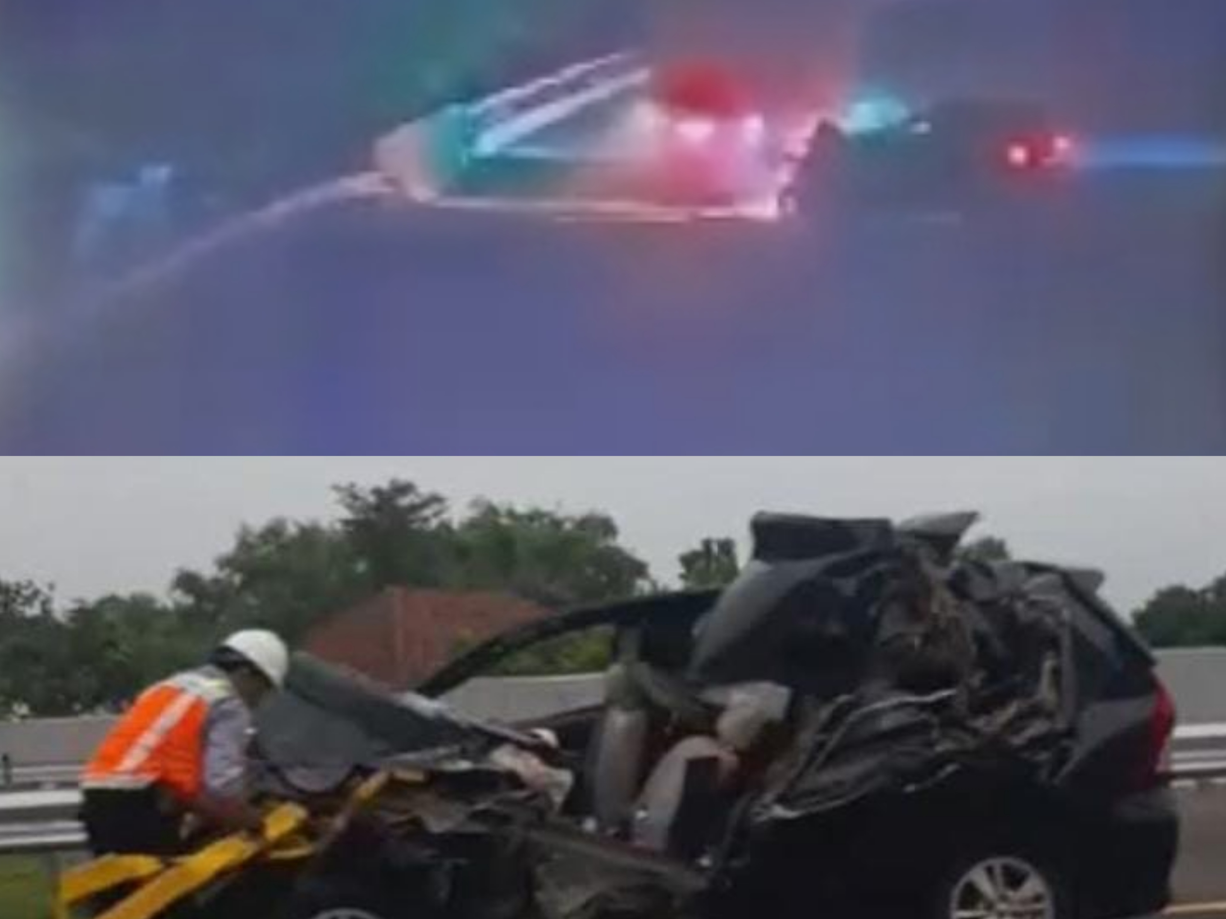 Rekaman CCTV saat kecelakaan rombongan pegawai Dinas Sosial Jatim di Tol Jombang Mojokerto (atas) dan kondisi mobil korban usai tabrakan (bawah)