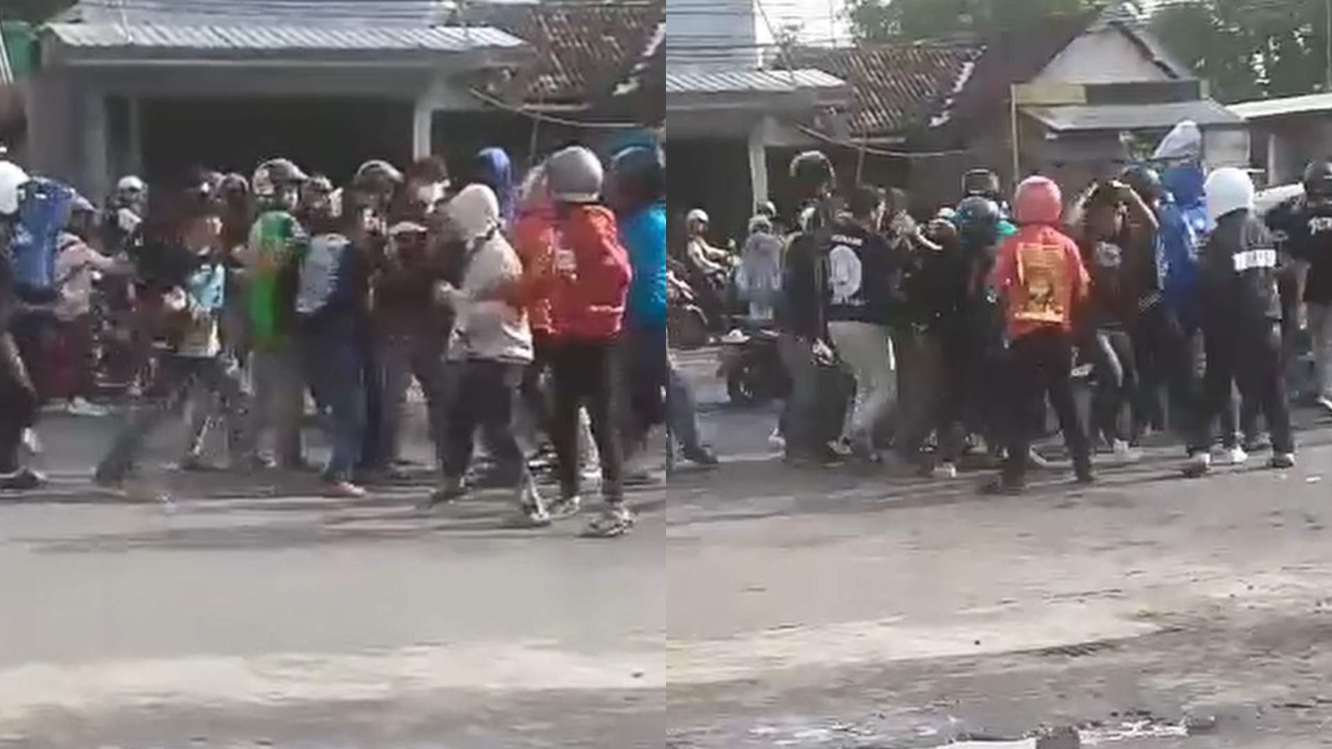 Aksi pengeroyokan yang dilakukan gerombolan pemuda menggunakan atribut perguruan silat di depan SPBU Perak Jombang