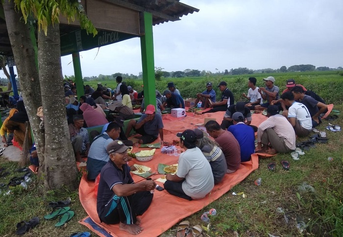 LESTARIKAN BUDAYA: Kepala Desa Pojokrejo H. Nursan membaur bersama warga desa setempat saat acara tradisi keleman di area persawahan Dusun Gudang.