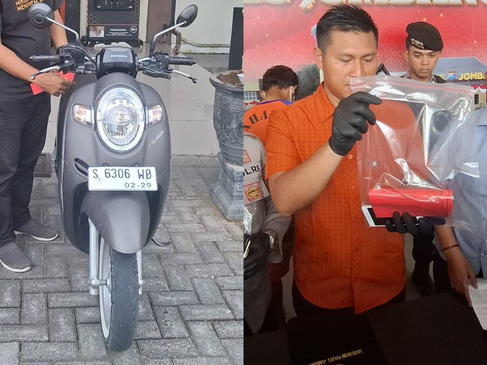Barangbukti motor dan handphone milik korban pembunuhan dan mutilasi di Jombang yang diambil pelaku