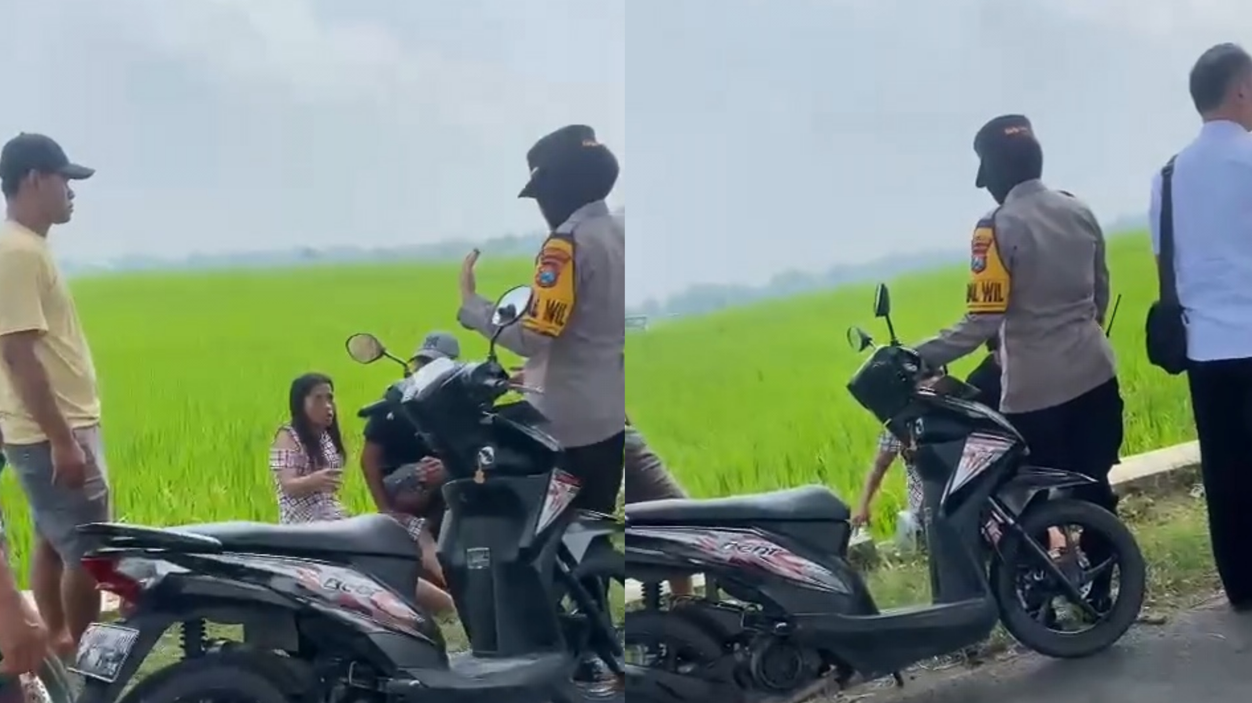 Polisi saat mendatangi lokasi penodongan di siang bolong di Jombang