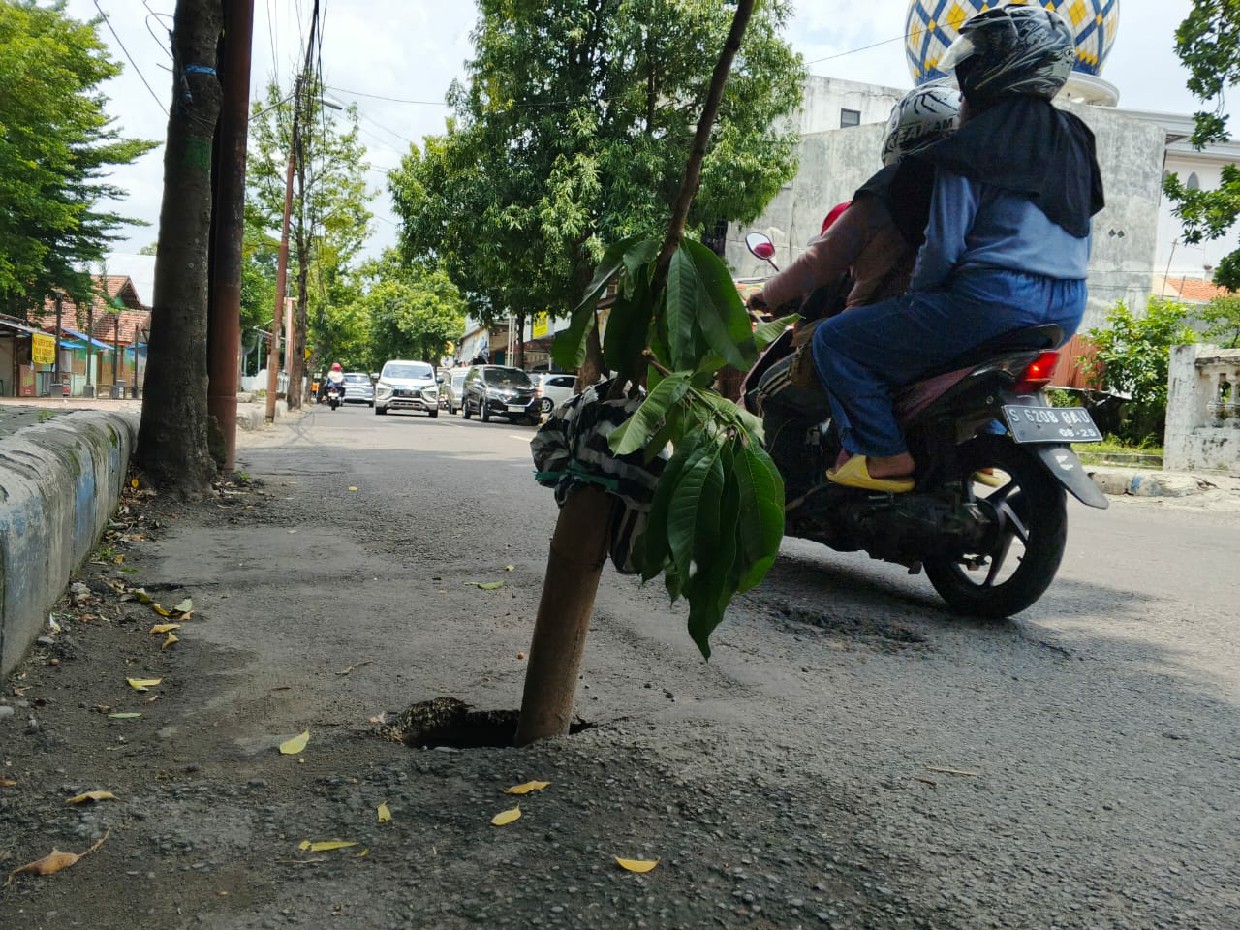 Lubang yang muncul di jalan kabupaten Desa Pulolor, Jombang ini ditandai dengan kayu