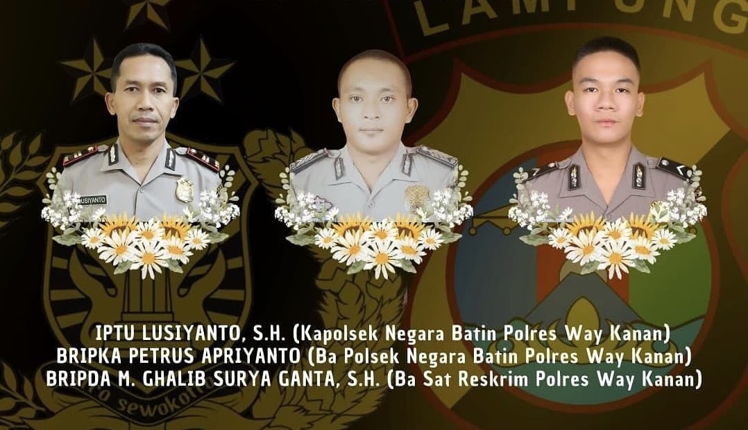 Tiga anggota Polri yang tewas ditembak saat tengah menggerebek arena perjudian sabung ayam di Lampung