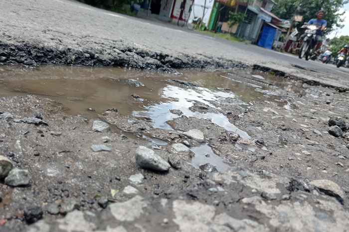 BERLUBANG: Kondisi jalan kabupaten ruas Denanyar-Megaluh yang rusak.