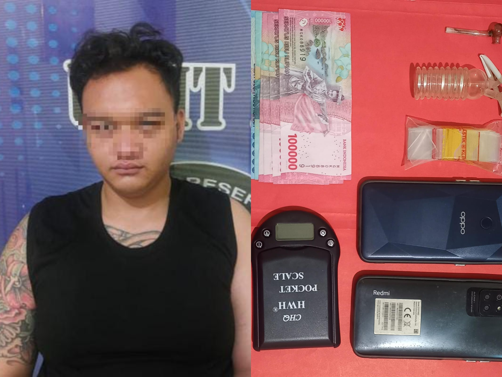 Pengedar sabu asal bareng yang ditangkap polisi beserta barangbukti yang disita darinya