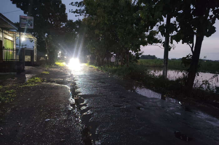 Kondisi jalan kabupaten di Plosogenuk, Perak, Jombang yang gelap dan bergelombang
