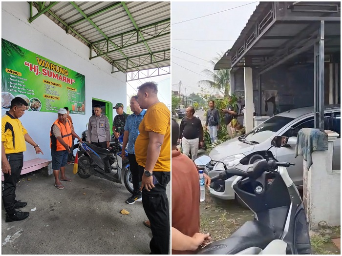 Polisi melakukan olah TKP di sebuah warung makan di Mojoagung (kiri). Mobil milik korban ditemukan di daerah Gresik (kanan).