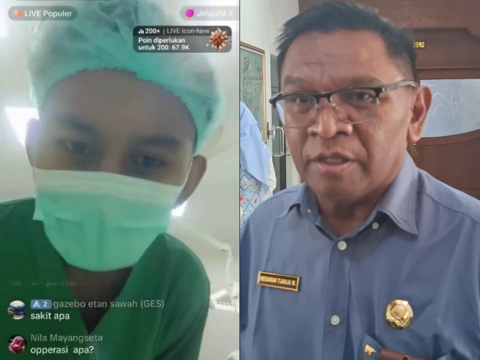 Seorang tenaga kesehatan (Nakes) live atau siaran langsung TikTok di tengah menjalankan operasi (KIRI) Kepala Dinas Kesehatan (Dinkes) Jombang dr Hexawan Tjahja Widada (kanan)