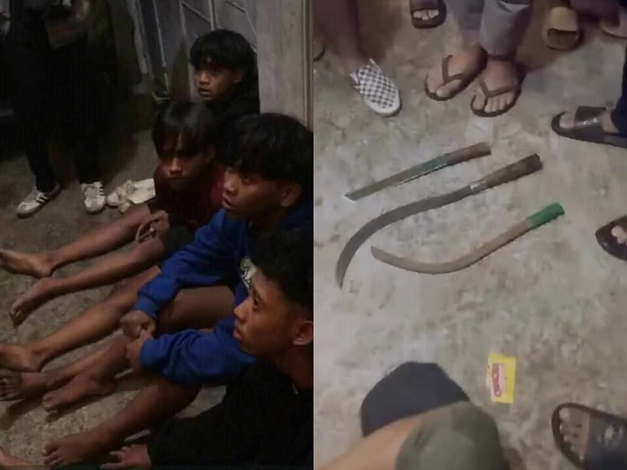 Empat remaja yang diduga anggota gangster diamankan warga di Desa Brambang, Kecamatan Diwek, Minggu (15/6) dini hari