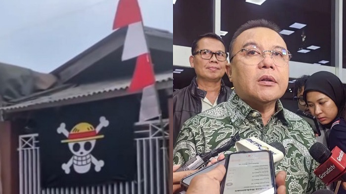 Wakil Ketua DPR RI Sufmi Dasco (kanan) Bendera one piece dipasang di rumah warga (kiri)