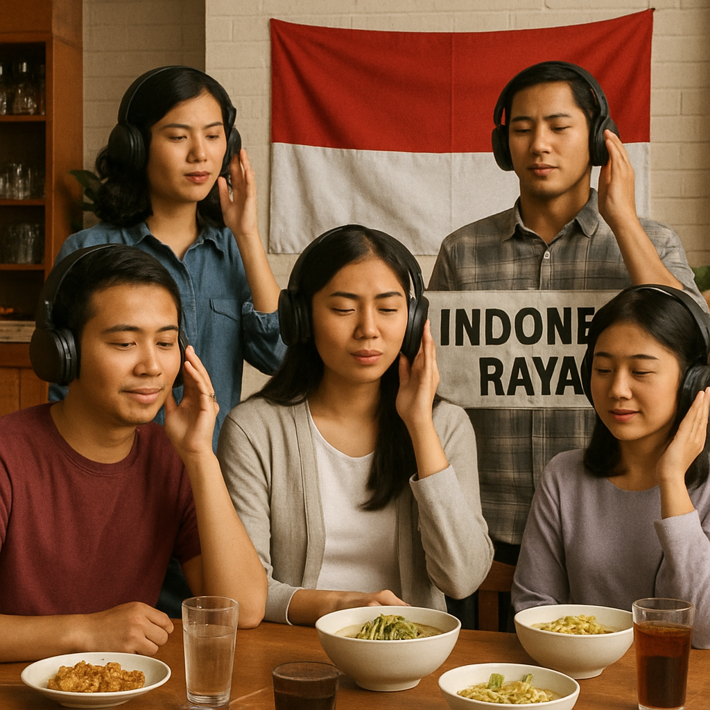 ilustrasi mendengarkan lagu kebangsaan di cafe (chatgpt)