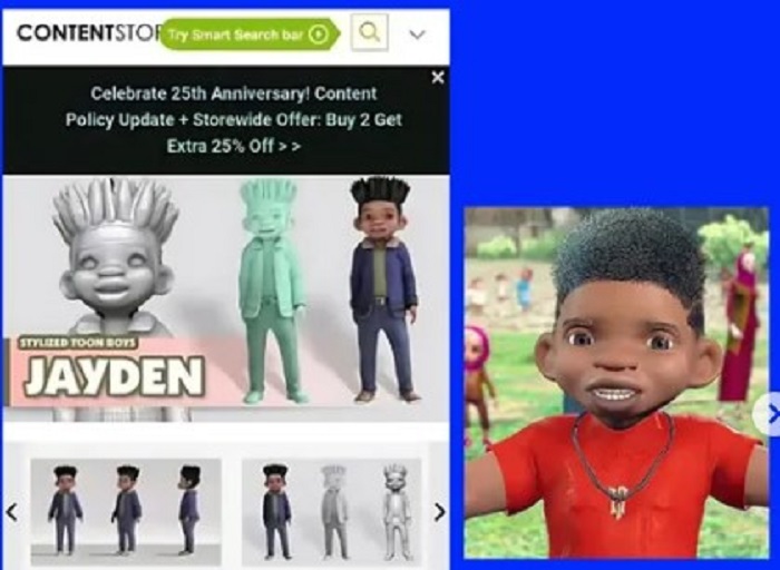 Tangkapan layar dugaan kemiripan karakter dalam film animasi &ldquo;Merah Putih One For All&rdquo; dengan model 3D yang dijual di platform Content Store (vektorkades)