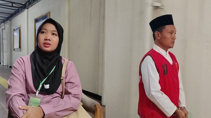 Tangis EF, 29, pecah di ruang sidang Pengadilan Negeri (PN) Jombang, Kamis 14 Agustus (kiri). Pelaku saat menjalani sidang (kanan)