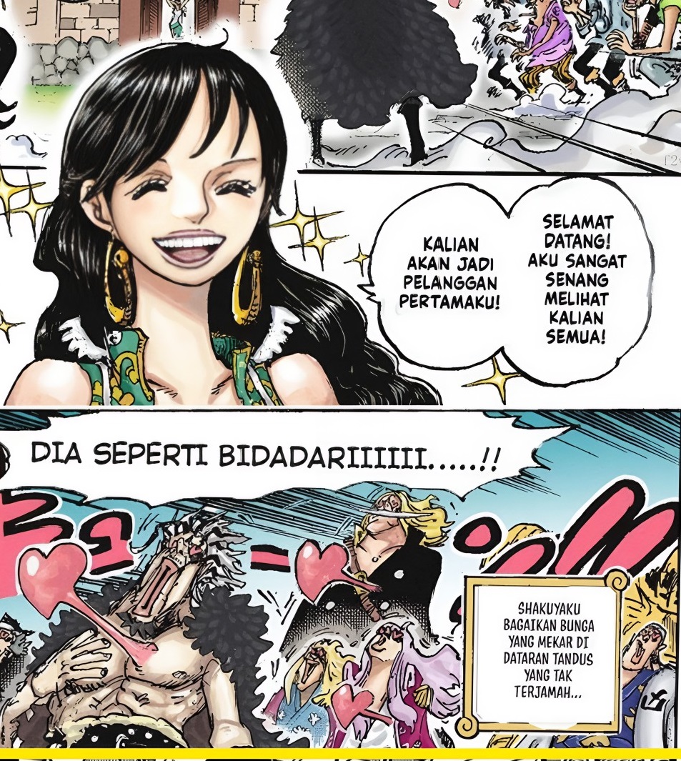 Momen Shirohige bertekuk lutut di hadapan Shakky di manga One Piece 1157